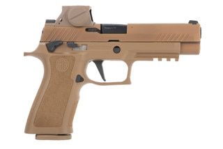 Semi-automatic 9mm pistol with red dot optic, Coyote Tan.